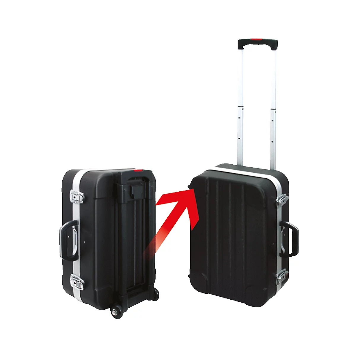 Zwei schwarze Transportkoffer. Einer mit Griff und Rollen, der andere mit ausziehbarem Griff. Ein roter Pfeil zeigt die Funktionalität.